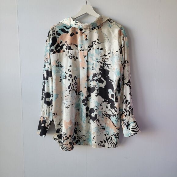 Zara Womens size M Printed Collared Long Sleeve Blouse in Blue Tan - Picture 2 of 8